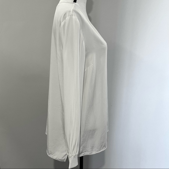 Lafayette 148 Wyatt Knit Trim Matte Silk Blouse In Cloud White Size Larg… - Picture 4 of 11